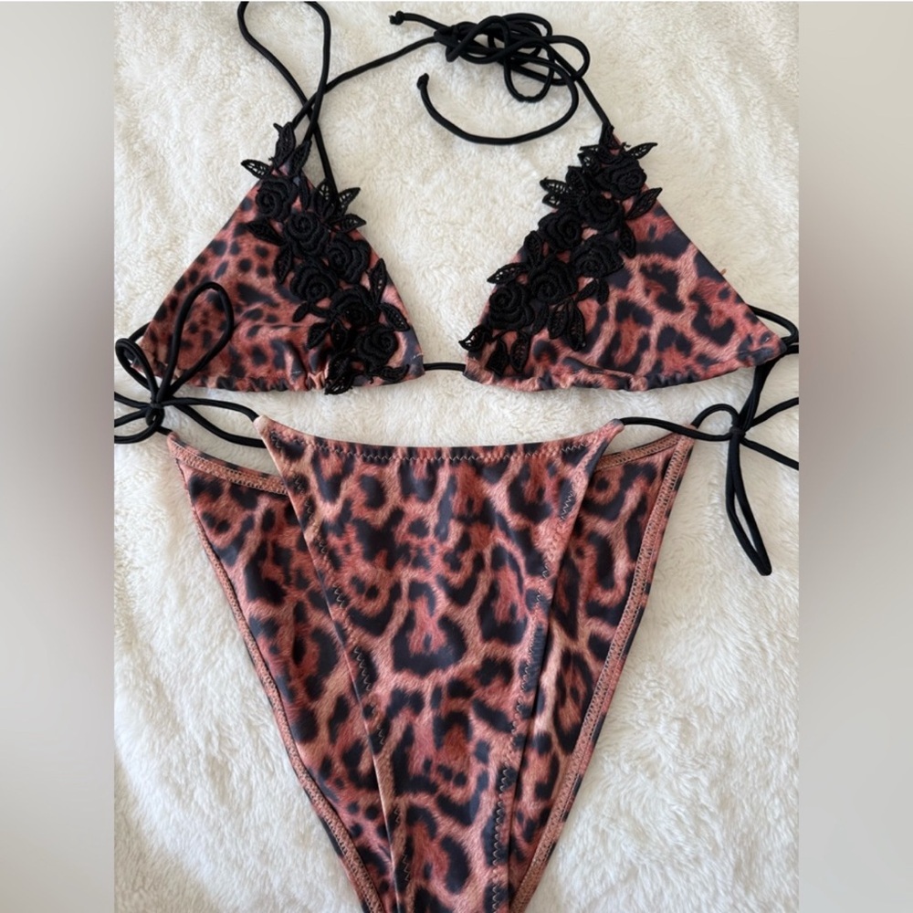 Tiger Mist Leopard Print Triangle Bikini with Black Floral Appliqué - Picture 2 of 2